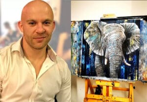 Ben Goymour alongside a painting from his wildlife collection 300x207
